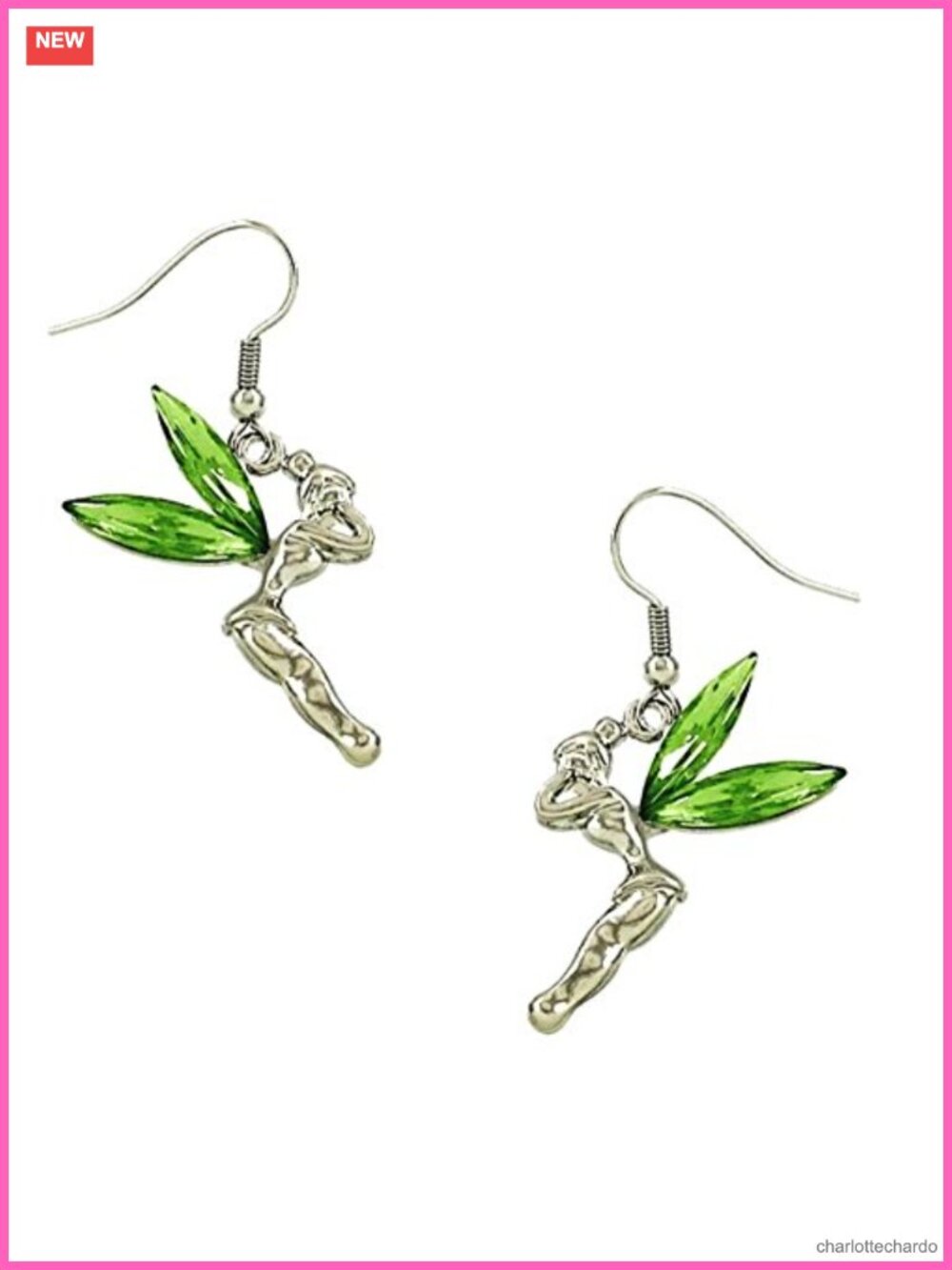 Tinkerbell Fairy Earrings Green Crystal Wings Gift Boxed
